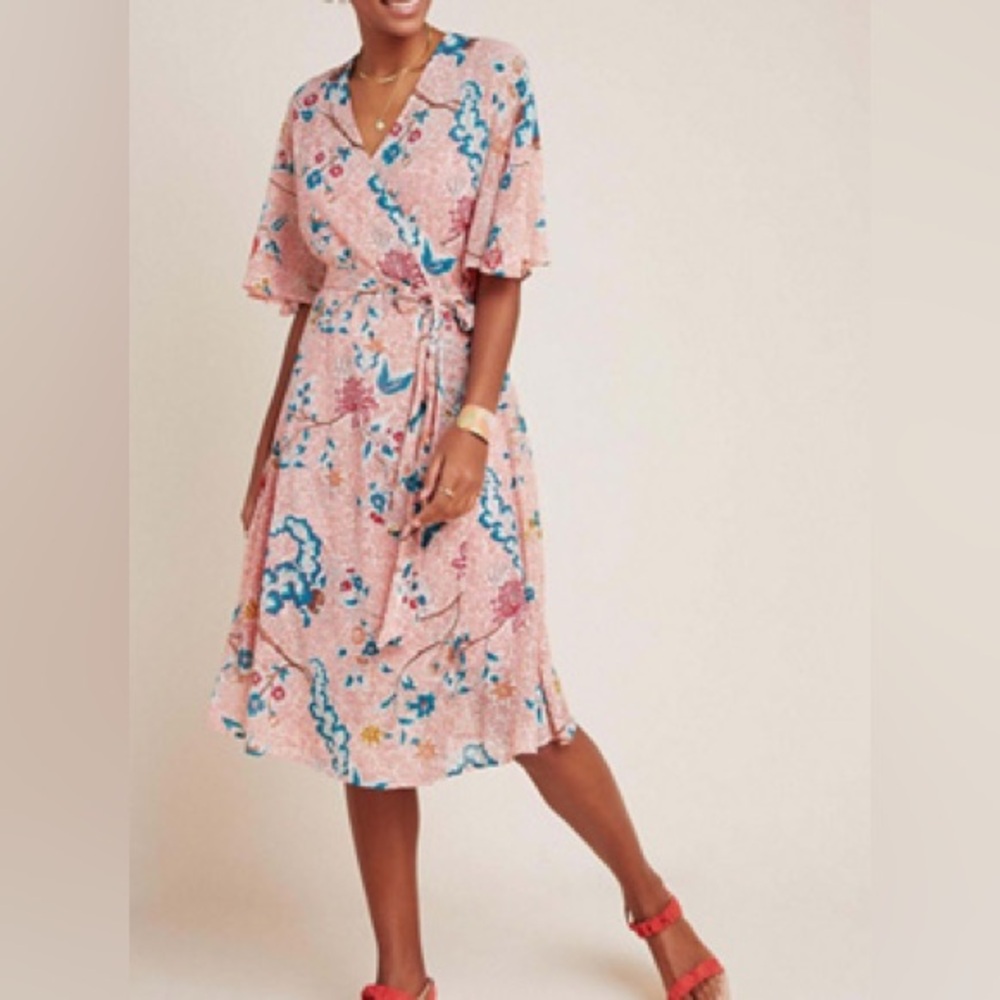 Anthropologie Maeve Adelaide Floral Wrap Midi Dress with Blue Accents Size M